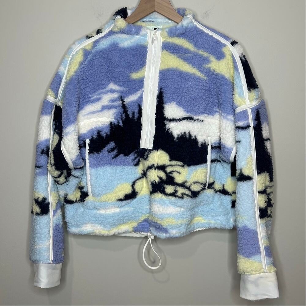 So The Cozy Pullover 1/2 Zip Fleece Size S NEW Cropped Blue Lime Landscape Kohls